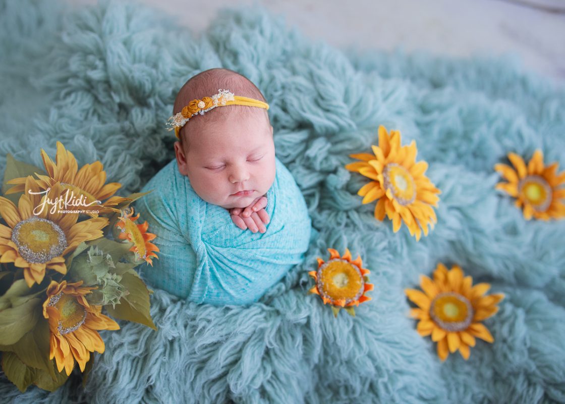 Blue Potato Sack Sunflower JustKidi Photography Studio Sydney Newborn Photo Shoot Hills District 悉尼新生儿宝宝照
